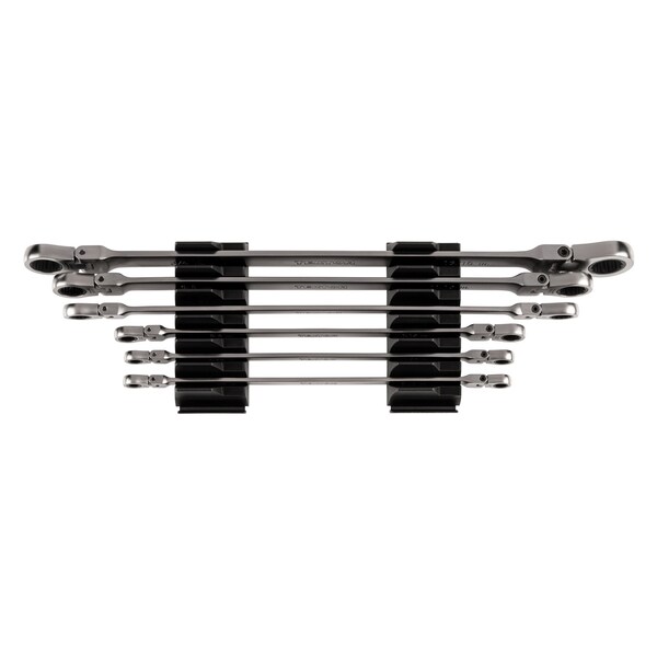 6pc Long Flex Head 12-Point Ratcheting Box End Wrench Set w/ Modular Wrench Organizer (1/4-13/16 in)